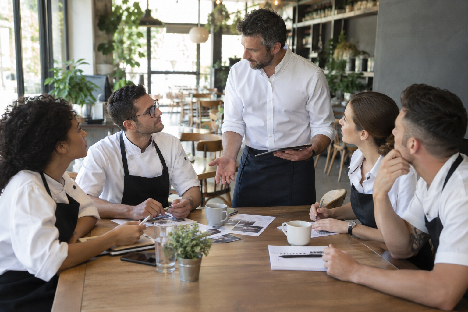 Pracownicy restauracji omawiający plan przy stole