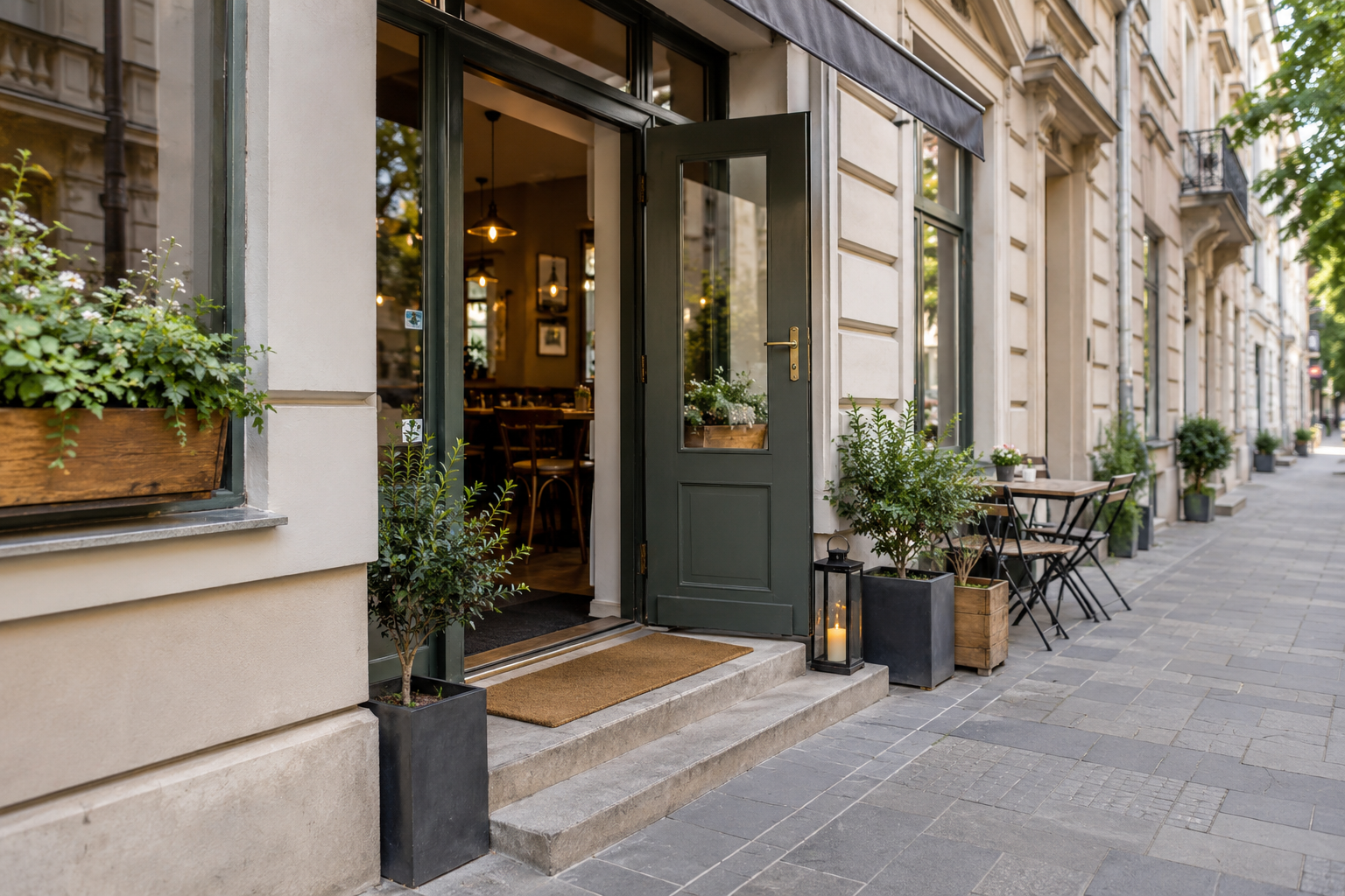 Czyste wejście do małego lokalu gastronomicznego w kamienicy, uporządkowane przejście