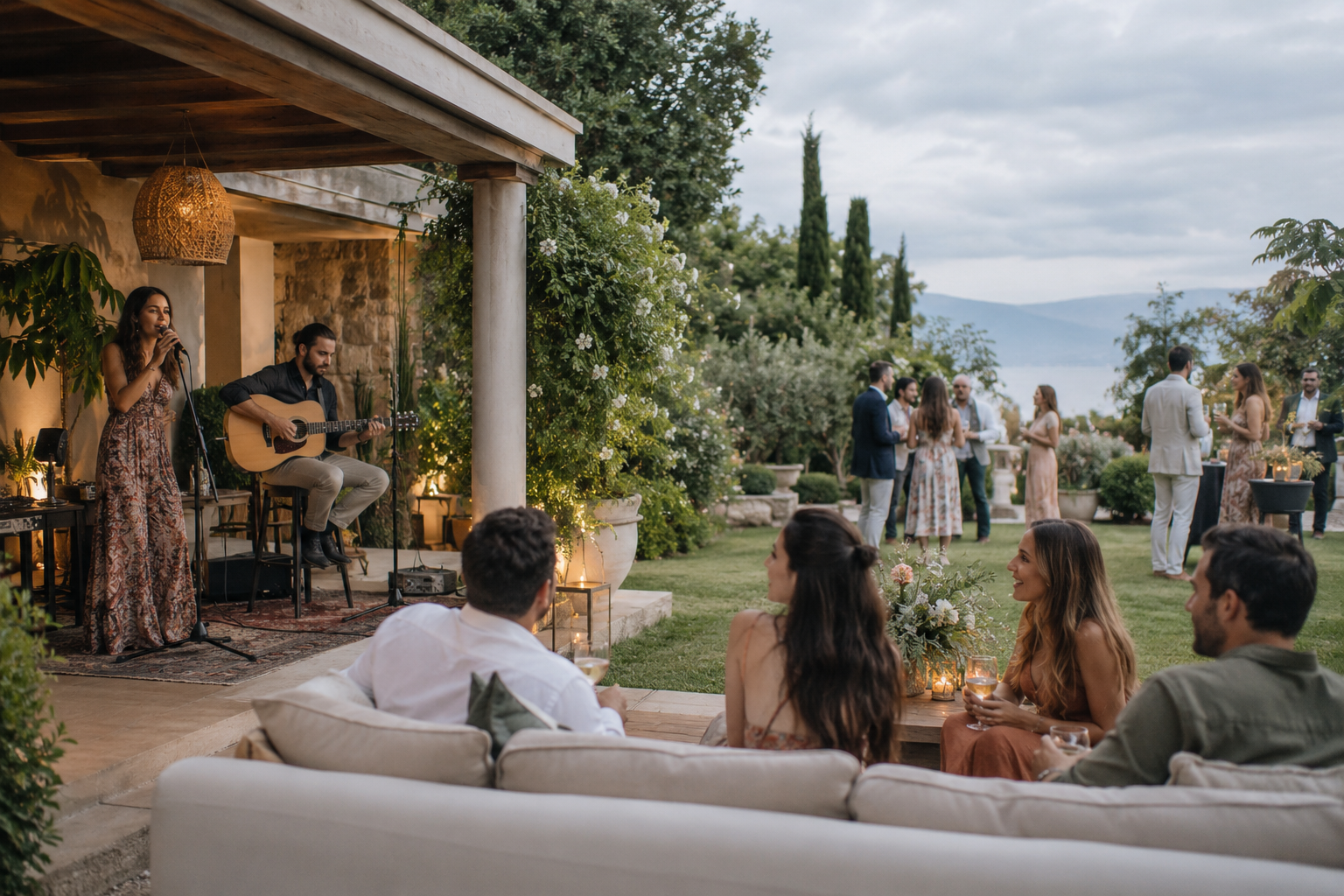 Ilustracyjny duet na zadaszonym tarasie podczas garden party